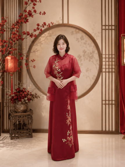 紅色改良旗袍高雅金刺繡晚宴媽媽禮服
