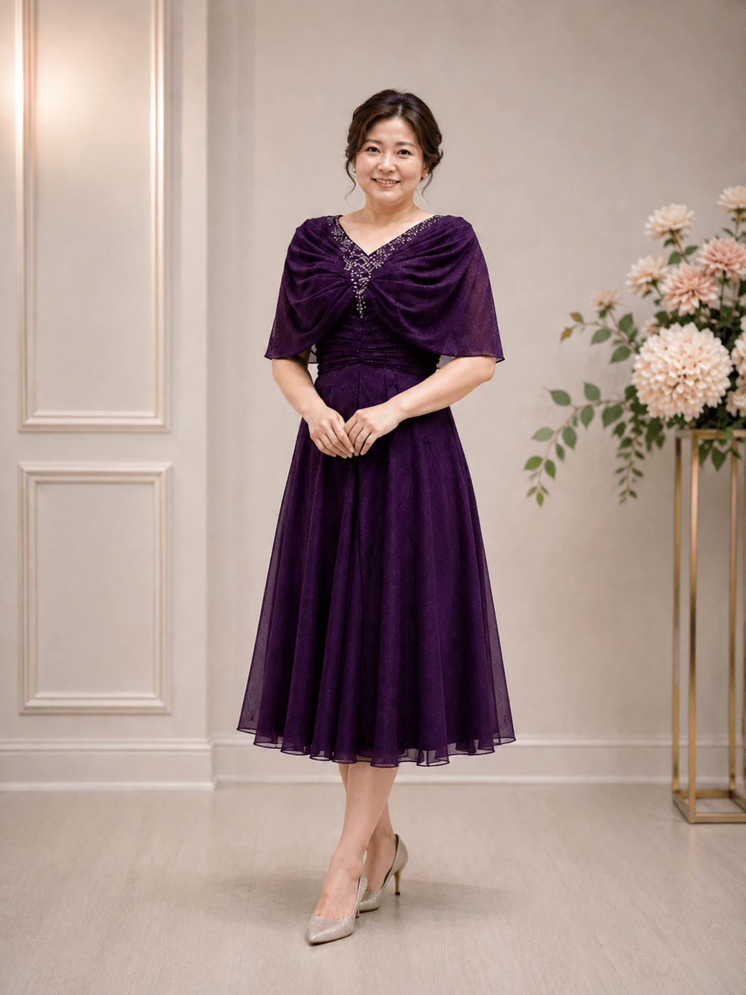 紫色金蔥碎鑽短媽媽禮服晚宴媽媽禮服 紫色金蔥碎鑽短媽媽禮服晚宴媽媽禮服