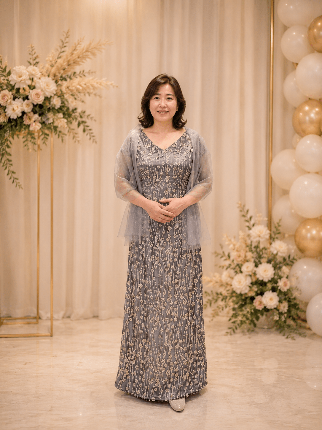 金花亮粉薄紗淺灰修身晚宴媽媽禮服 金花亮粉薄紗淺灰修身晚宴媽媽禮服