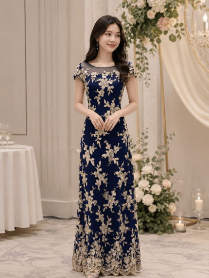 藏藍金花亮片媽媽禮服