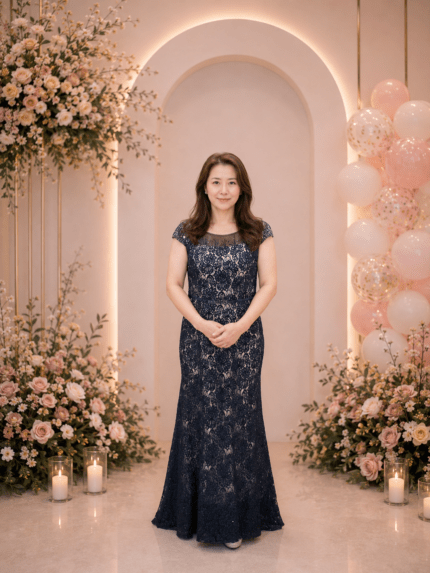 深藍水鑽修身蕾絲裙襬高雅晚宴媽媽禮服