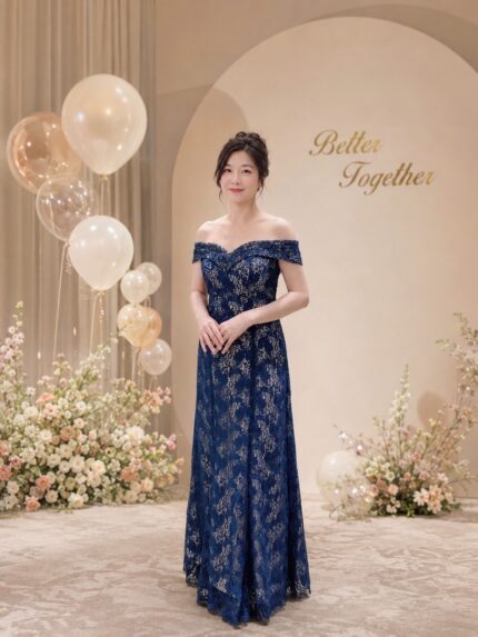 深藍公主一字領完美晚宴媽媽禮服