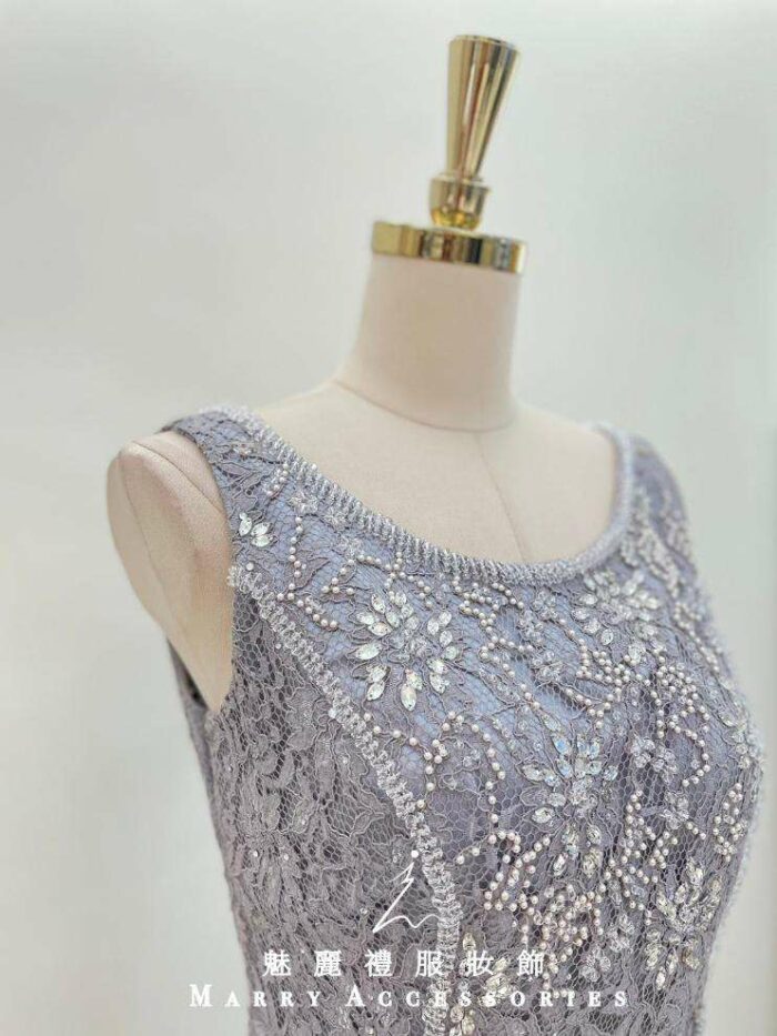 灰色蕾絲碎鑽魚尾媽媽禮服