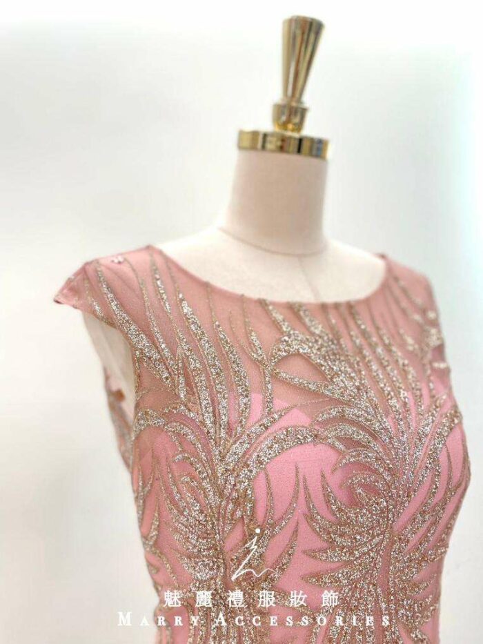 玫瑰粉金蔥流線收腰媽媽禮服