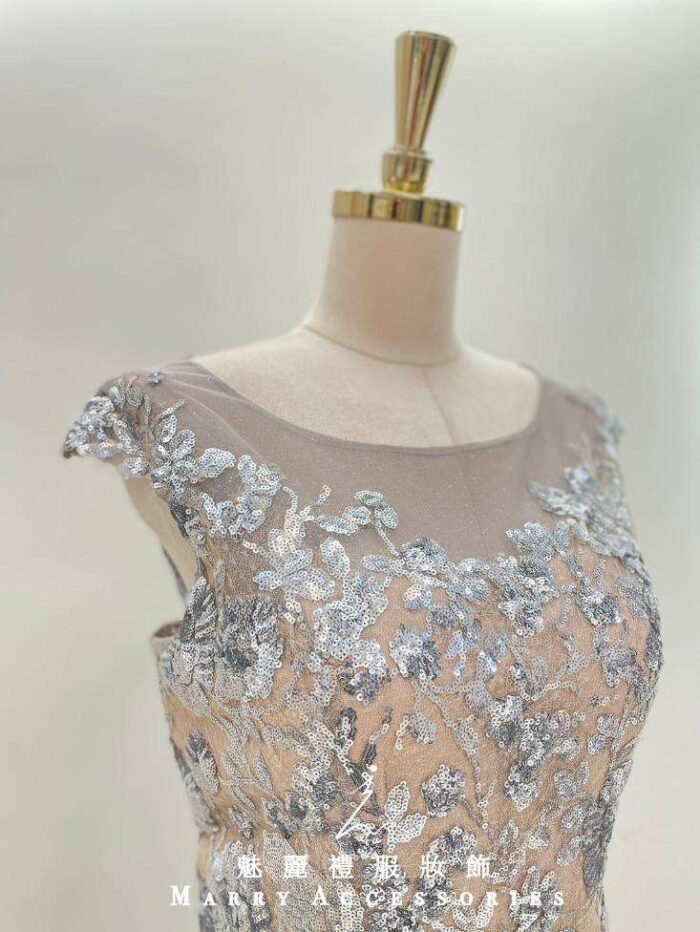 膚底銀花亮片包袖媽媽禮服