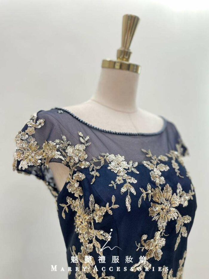 藏藍金花亮片媽媽禮服