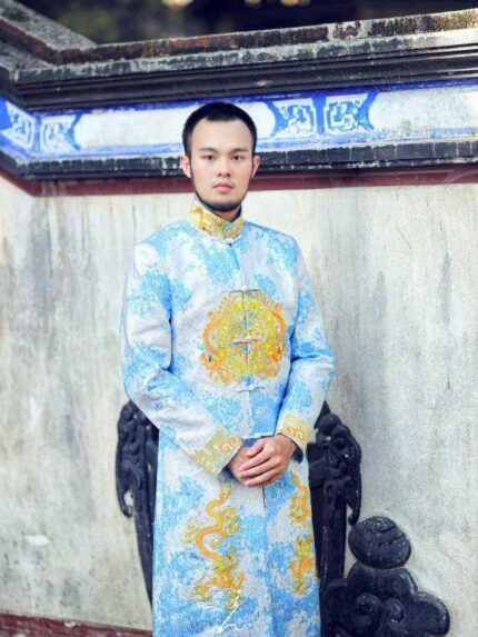 水藍波紋金黃平繡龍鳳古裝