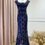 藏藍刺繡花紋魚尾媽媽禮服