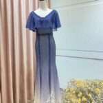 寶藍漸層斗篷飄袖魚尾媽媽禮服