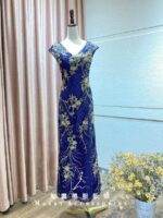 藏藍金蔥亮片花V領媽媽禮服