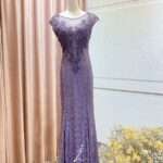 紫羅蘭珠鑽蕾絲紋魚尾媽媽禮服