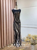 黑白金線亮片肩袖媽媽禮服