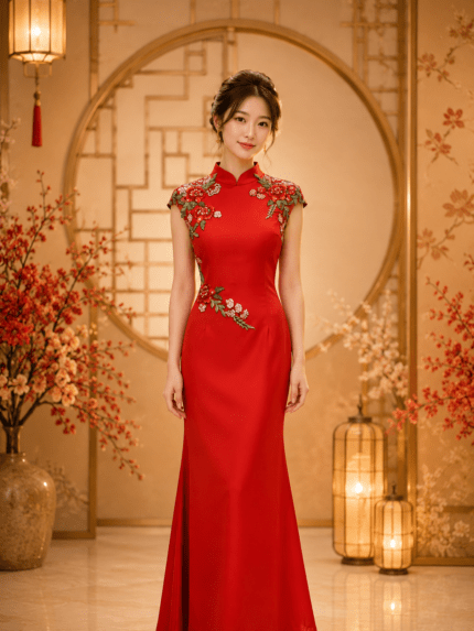正紅繡花包袖旗袍媽媽禮服