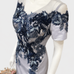 立體藍花蕾絲銀色緞面媽媽禮服