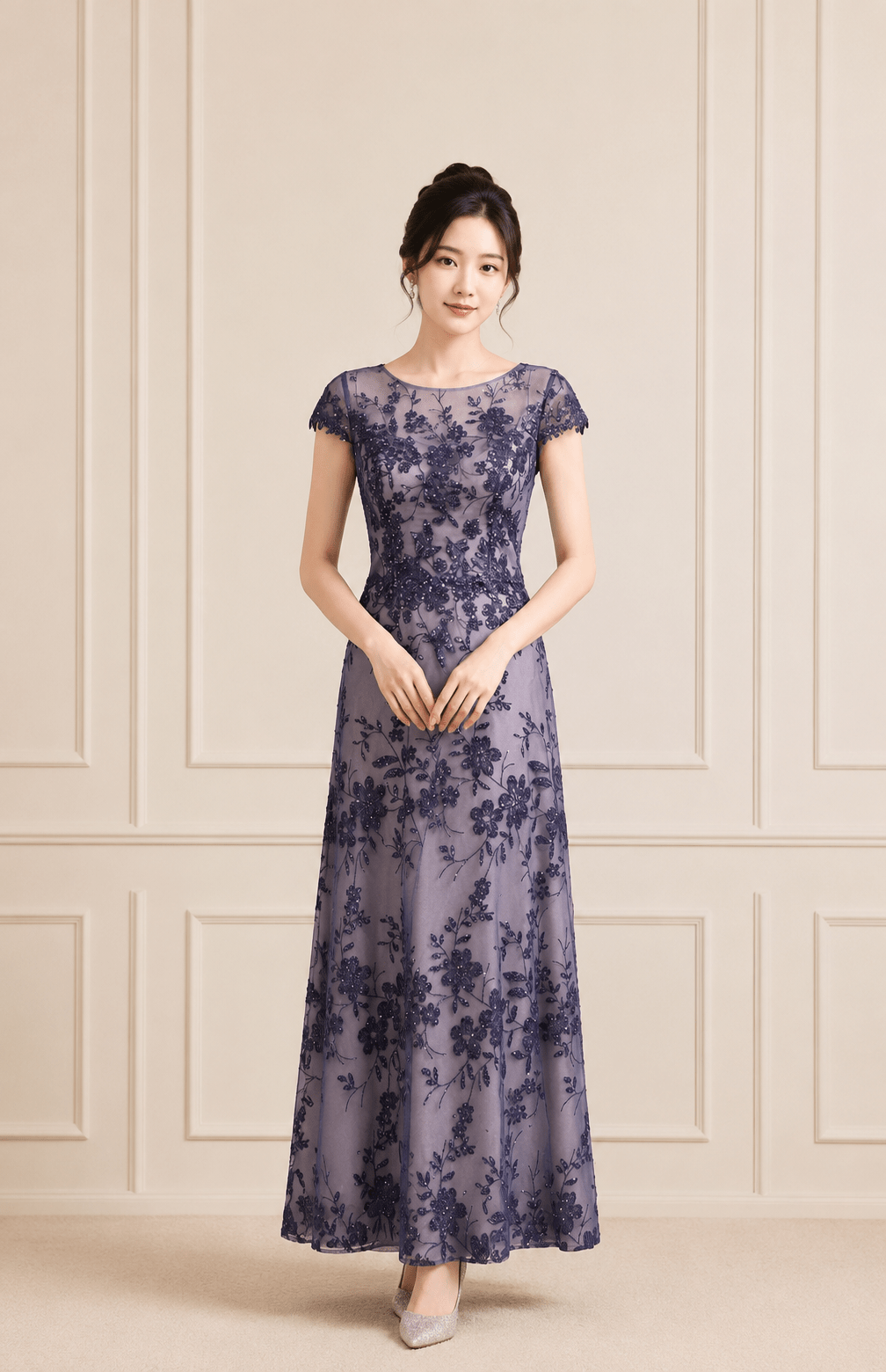 藍紫色亮片花包袖A字裙媽媽禮服 藍紫色亮片花包袖A字裙媽媽禮服