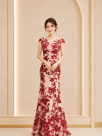 立體紅花經典魚尾媽媽禮服