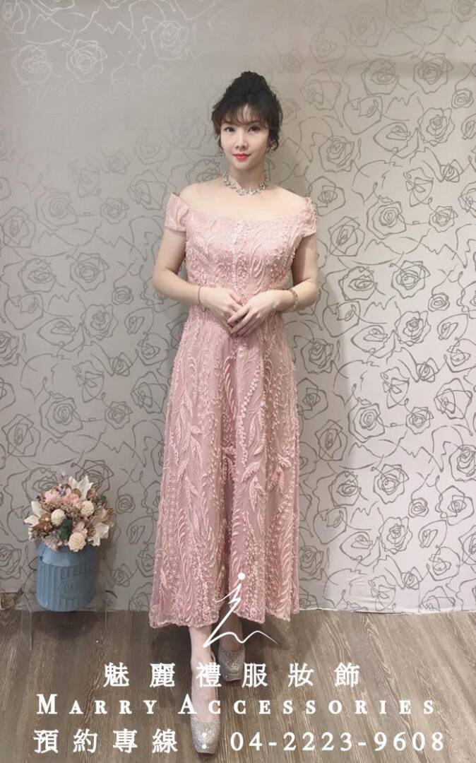 精美刺繡優雅粉色出租禮服,媽媽禮服
