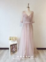 粉櫻色五分袖水晶系晚宴媽媽禮服