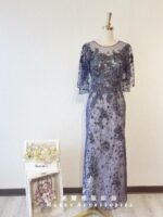 深藍色日系刺繡晚宴媽媽禮服