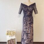 深藍色露肩五分袖晚宴媽媽禮服