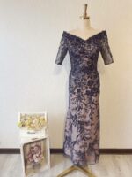 深藍色露肩五分袖晚宴媽媽禮服