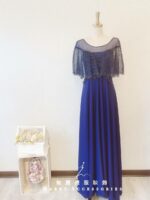 深藍色水晶肩紗晚宴媽媽禮服