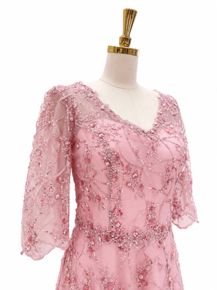 粉色V領優美雅緻媽媽禮服