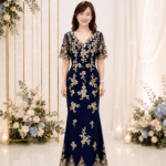 藏藍滿版金花亮片V領媽媽禮服