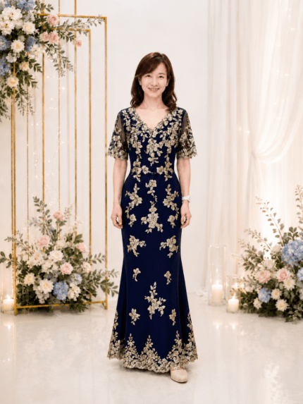 藏藍滿版金花亮片V領媽媽禮服