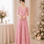 粉色V領優美雅緻媽媽禮服