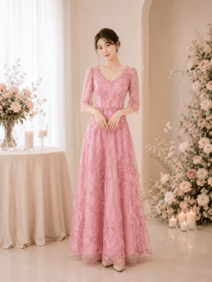 粉色V領優美雅緻媽媽禮服