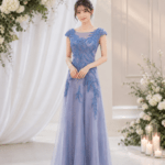 典雅優美水藍色超美灰紗媽媽禮服