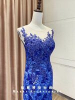 豔藍花前短後長魚尾媽媽禮服