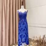 豔藍花前短後長魚尾媽媽禮服