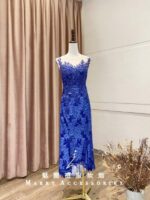 豔藍花前短後長魚尾媽媽禮服