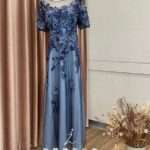 深藍亮紗織花珠繡媽媽禮服