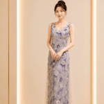 嫩粉小碎藍花媽媽禮服
