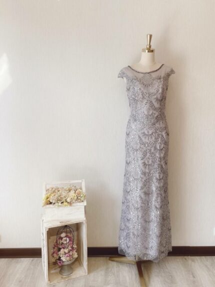 銀灰色管珠蕾絲晚宴媽媽禮服