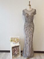 銀灰色管珠蕾絲抹胸晚宴媽媽禮服