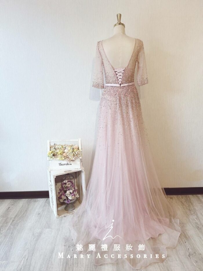 粉櫻色五分袖水晶系晚宴媽媽禮服
