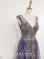 雙肩V領水晶系晚宴媽媽禮服