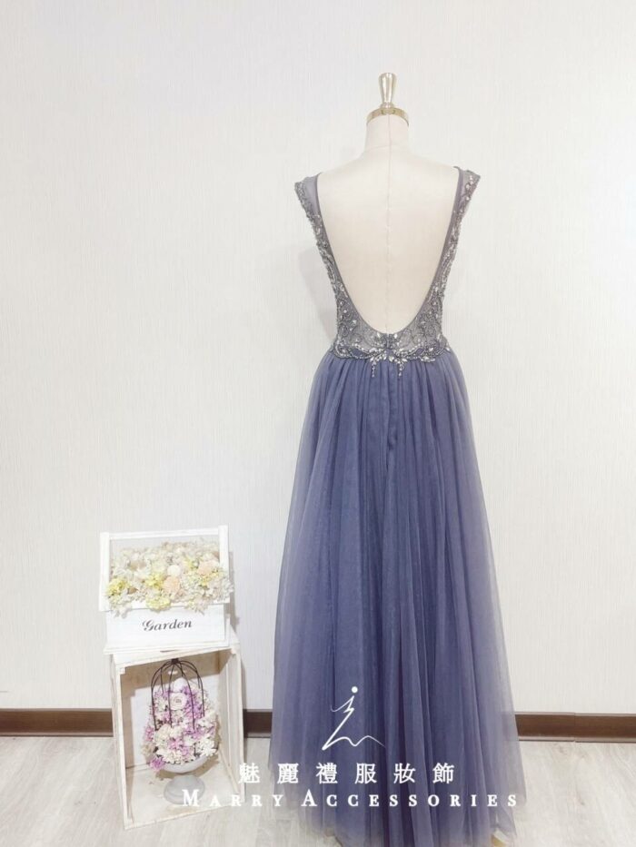 雙肩V領水晶系晚宴媽媽禮服