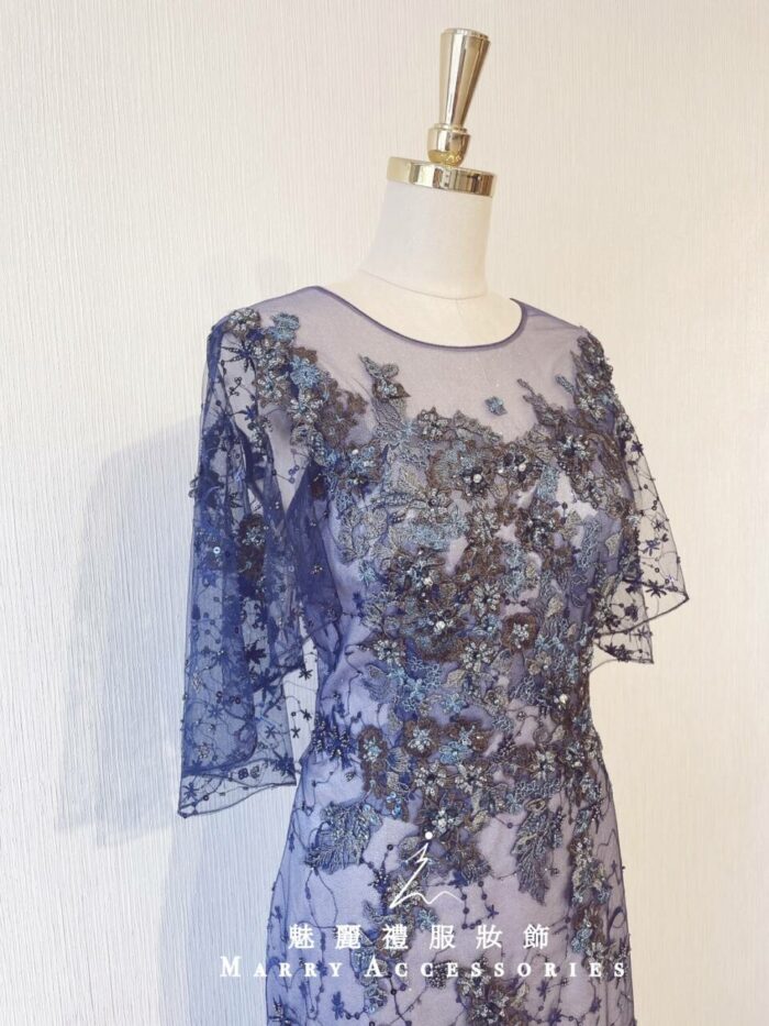 深藍色日系刺繡晚宴媽媽禮服