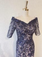 深藍色露肩五分袖晚宴媽媽禮服