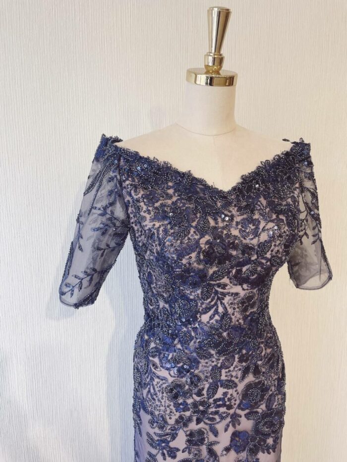 深藍色露肩五分袖晚宴媽媽禮服