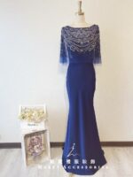 深藍色水晶披肩晚宴媽媽禮服