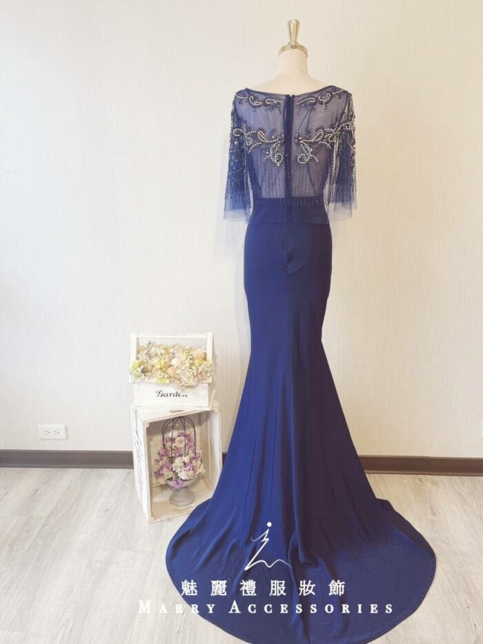 深藍色水晶披肩晚宴媽媽禮服