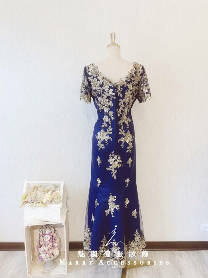 深藍色燙金亮片晚宴媽媽禮服