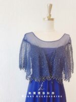 深藍色水晶肩紗晚宴媽媽禮服