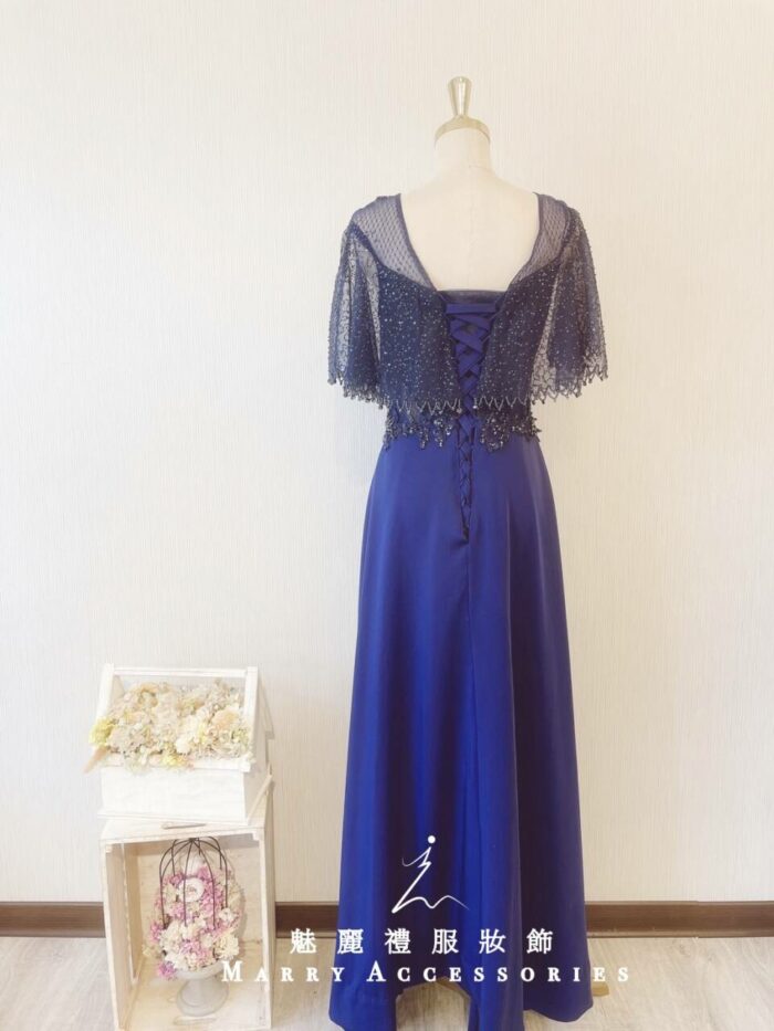 深藍色水晶肩紗晚宴媽媽禮服